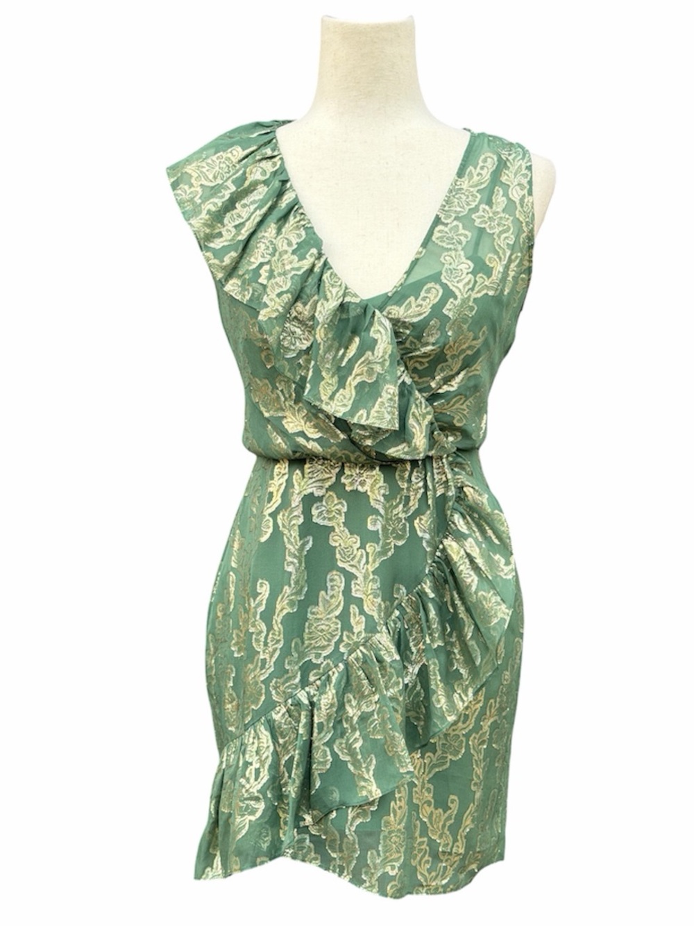 BCBGMaxazria Metallic Gold and olive sage Green Ruffle Wrap Dress NWT 0